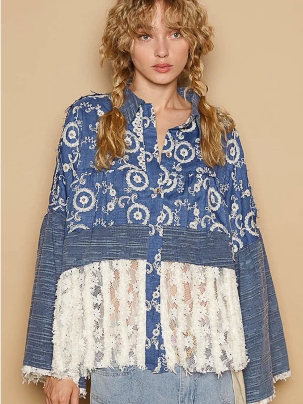 POL Clothing Woven Patched Shirt Top in Denim Blue